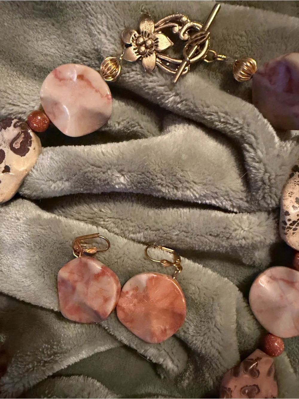 Handmade Pink Multi-Agate & Jasper Marbled Stone Necklace & Earrings Set